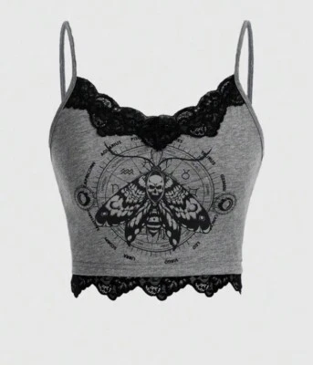 Goth Skull Print Biker Festival Contrast Lace Cropped Cami Tank Top M - Image 1 of 4