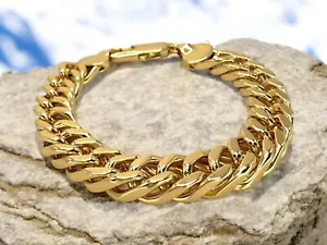 Bracciale Miami Cuban Link Placcato Oro 11mm 14k Acciaio Inox Pesante per Uomo - Foto 1 di 14