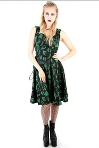 Hell Bunny Dress Womens XL Black Green Skull Skeleton Lace Up Side Grunge Punk - Picture 1 of 17