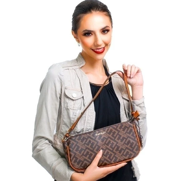 ELLEN TRACY коричневый подпись печать багет наплечная сумка с Ярлыками веганская кожа - Изображение 1 из 4