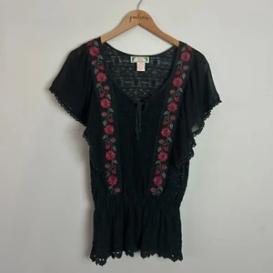 Flying Tomato Top Womens Medium Black Crochet Lace Embroidered Floral Peasant M - Picture 1 of 8