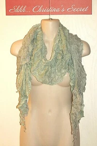 SCARF Wrap Aqua Green Seafoam Silver Ruffles & Fringes Long Lightweight *VG - Picture 1 of 5
