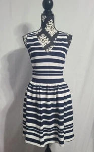 Navy Blue And White Striped Knee Length Sleeveless Dress V-neck Fit & Flare Sz L - Picture 1 of 10