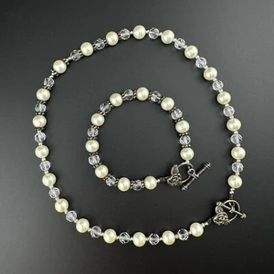 Set Faux Pearl Crystal Silver-tone Rose Toggle Necklace 16" Bracelet 7.5" - Picture 1 of 11