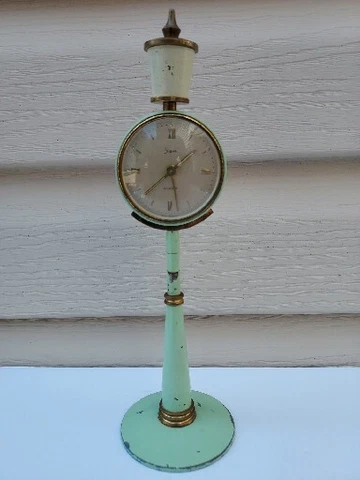 Vtg Sheffield alarm clock lamp post Street Light Colonial 1950 Mint Green Metal Cover
