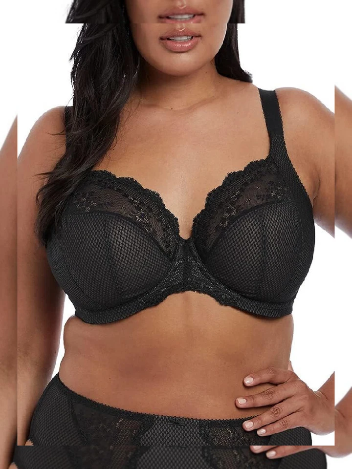 Elomi Black Charley Underwire Stretch Lace Plunge Bra US 38j UK 38gg