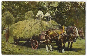 Farmers Loading Heno Wagon postal niño sosteniendo caballos c1910 - Imagen 1 de 2