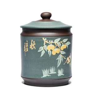 Handpainted Tea Canister Sealed Big Jar With Lid Storage Health Care Yixing Clay - Picture 1 of 16