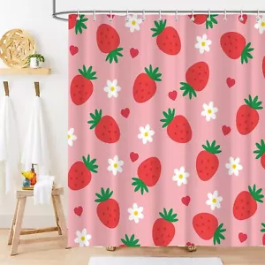 Strawberry Shower Curtain Cute Pink Lovely Fruit Bathroom Decor For Girls Kids P - Picture 1 of 6