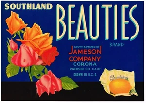 ORIGINAL LEMON CRATE LABEL SOUTHLAND BEAUTIES FLOWER ROSE CORONA C1940 RIVERSIDE - Picture 1 of 1