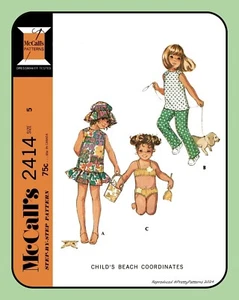 VESTIDO para niñas SOMBRERO Floppy Pantalones TRAJE DE BAÑO Top McCall's 2414 De colección 1970 Patrón de Costura - Imagen 1 de 5