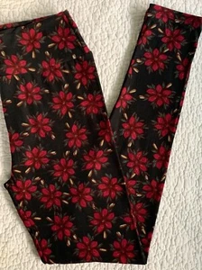 LuLaRoe Leggings OS dunkelrot burgund Weihnachtsstern Blumen auf schwarz Weihnachten Vintage - Bild 1 von 2