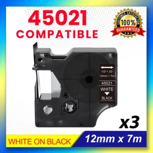 3x Compatible for Dymo D1 45021 White on Black Label Tape Cassette 12mm x 7m - Picture 1 of 1