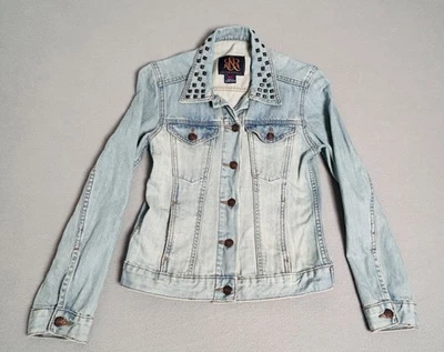 Rock & Republic Jean Jacket Women Size XS Blue Studs Hitch Hiker Distressed EC - Image 1 of 4
