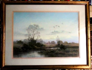Original Wendy Reeves Pastel Painting of Ducks Flying Over a Woodland Setting - Picture 1 of 6
