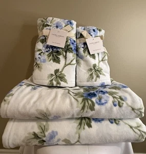 Laura Ashley VELOUR 6 pc Blue & Green Floral BATH HAND TIP TOWELS NEW - Picture 1 of 5
