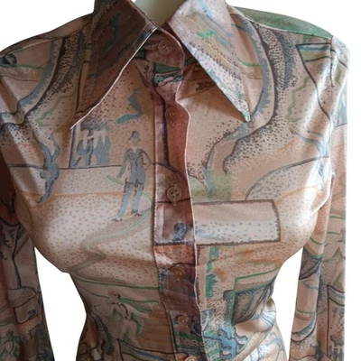 Camisa discoteca vintage pequeña Huk-a-Poo abotonada con patrón abstracto victoriano Foto 1 de 4