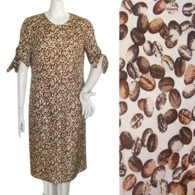 LOUIS FERAUD Silk Dress, 12, Coffee Bean Print, Tie Sleeve, knee length, Pockets - Image 1 of 4
