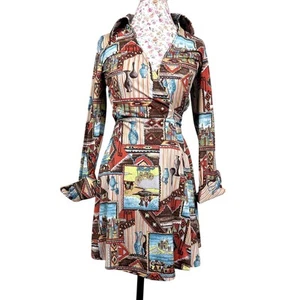 Vintage 70's Wrap Dress Novelty City Tribal Southwest Vase Print Dagger Collar - Picture 1 of 9