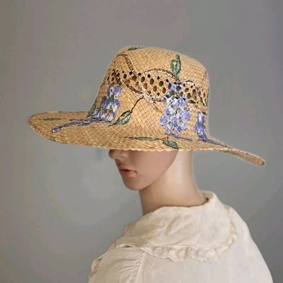 Sombrero de paja vintage pintado a mano floral glicinia  Foto 1 de 3
