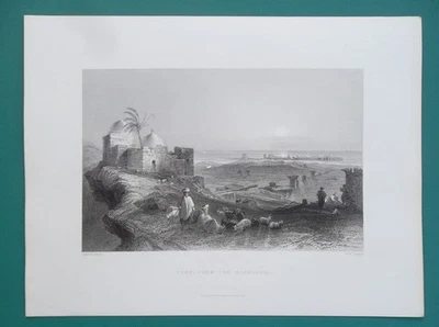 LEBANON Neumático Vista desde el continente - Impresión antigua de 1838 por Bartlett Foto 1 de 2