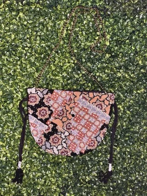 Anthropologie Peach Black Beaded Purse Gold Chain Beaded Tassel Simple Elegant - Image 1 of 4