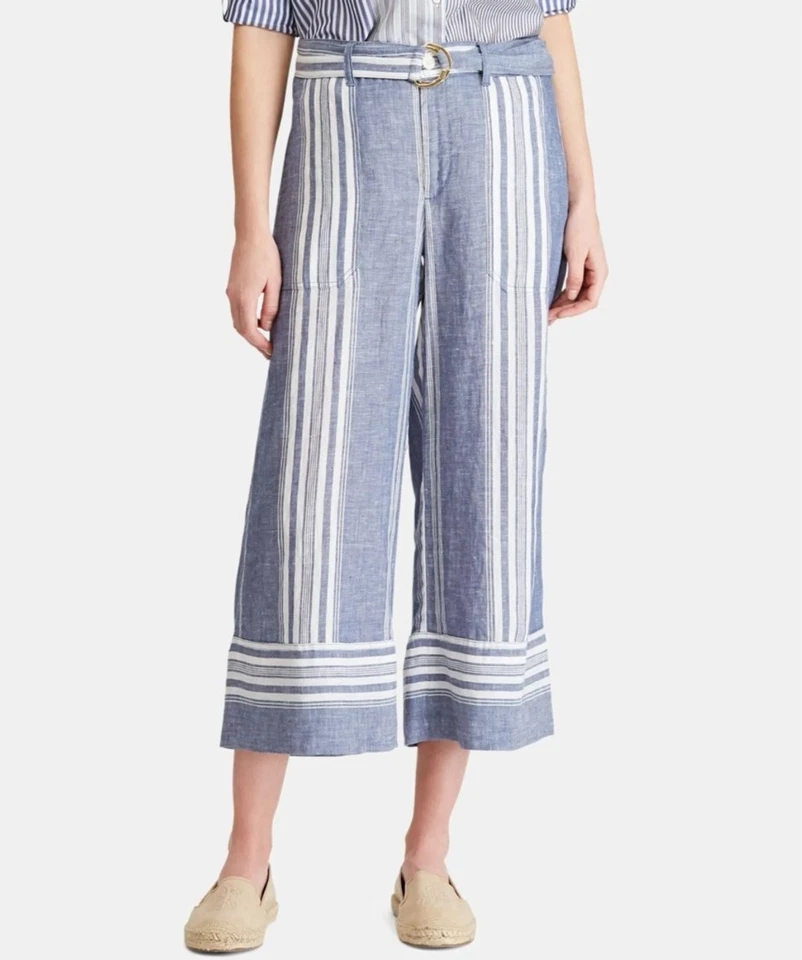 Pantalones para mujer Lauren Ralph Lauren de lino a rayas recortados de pierna ancha talla 8 cinturón Foto 1 de 4