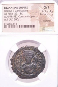 Tiberius II Constantine. 578-582. Æ Follis. Constantinople. NGC Ch F 4/5,3/5 - Picture 1 of 2