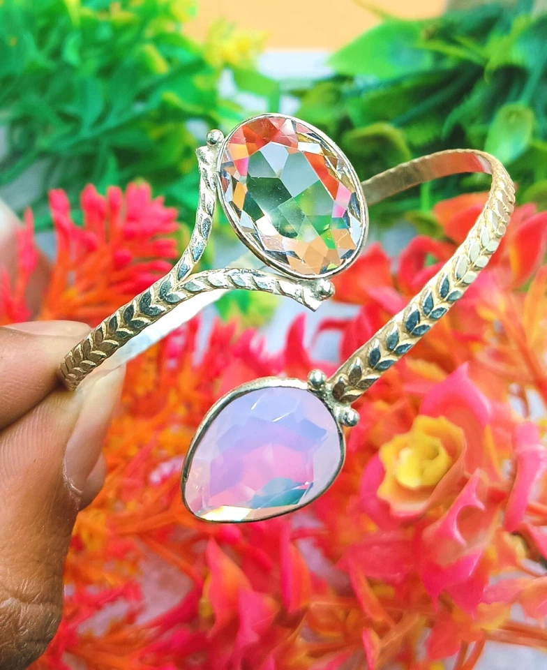 Brazalete brazalete ajustable enchapado en plata de ley 925 con topacio de vidrio blanco ~ Foto 1 de 2