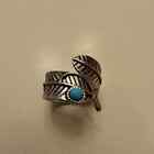 Bohemian Indian Turquoise And Silver Wrap Feather Ring. Size 8