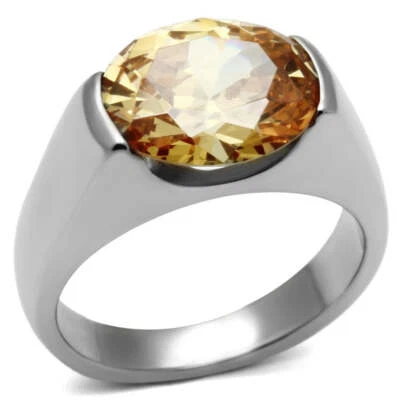 Oval Orange Champagne  CZ Party Cocktail Solitaire Stainless Steel Ring - Image 1 of 4