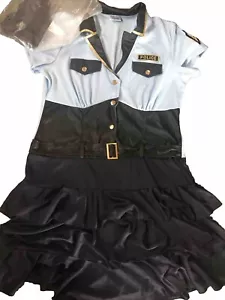 SEXY POLICE costume Ruffle dress Front Snap Collared BLUE Gold Pocket Belt HAT L - Picture 1 of 11