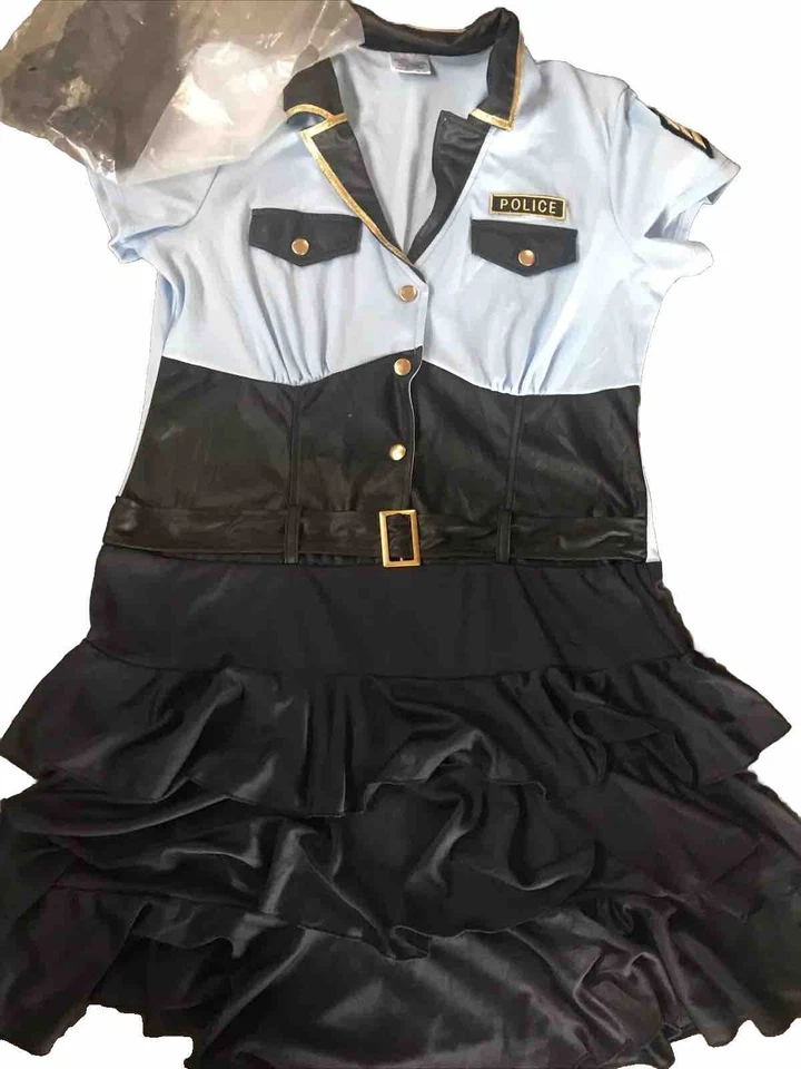 SEXY POLICÍA Disfraz Vestido con Volantes Delantero Cuello a Presión AZUL Dorado Bolsillo Cinturón SOMBRERO L Foto 1 de 4