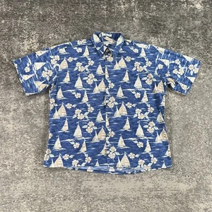 VTG Pierre Cardin Hawaiian Shirt Mens XL Blue Sailboat Hibiscus Print Aloha 90s - Picture 1 of 10