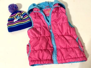 Girls Pink Platinum M 10 12 Puffer Hooded Vest Full Zip And My Little Pony Cap - Picture 1 of 10