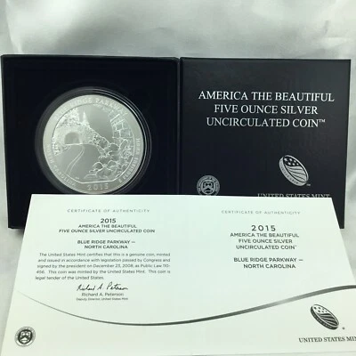 2015-P 5 Oz Silver Quarter Dollar ATB Blue Ridge Parkway - NC with Box&COA - Image 1 of 4