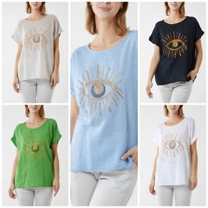 Neu kurzärmeliges Damen-T-Shirt Glitzer böser Blick leichtes Oberteil neu mit Etikett - Bild 1 von 17