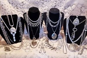 24 Piece Modern and Vintage Silvertone Mixed Necklace Lot - Sarah Cov, Monet