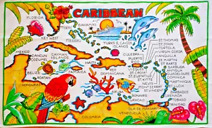 Vintage Souvenir Kitchen Tea Towel Map of The Caribbean Cotton NWOT Unused - Picture 1 of 2