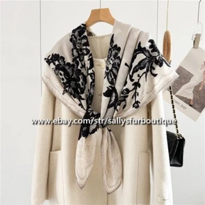 Sallys 70% Cashmere & 30% Silk Stole Vintage Lace Print 2 Face Scarf Shawl 53" - Picture 1 of 11