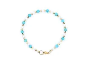 Pulsera Turquesa y Perla, 4mm Arizona Turquesa, AAAAA+ Perlas, Oro Sólido 14k - Imagen 1 de 4