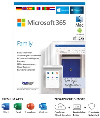 Microsoft 365 Family Vollversion 6 PC / Mac / iOS / Android 1 TB Download NEU - Bild 1 von 4