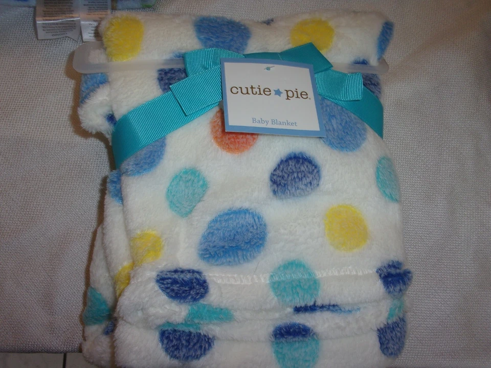 Cutie Pie Polka Dot Baby Blanket White Blue Orange Yellow Spots Circles 30x36  - Image 1 of 1