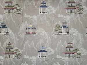P Kaufmann IMPERIAL PALACE TEASTAIN Chinoiserie Asian Embroidery Pagoda Fabric - Picture 1 of 3
