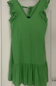 NEXT Size 14 Green Linen Blend V Neck Tie Back dress. Frilled Armholes - Picture 1 of 5