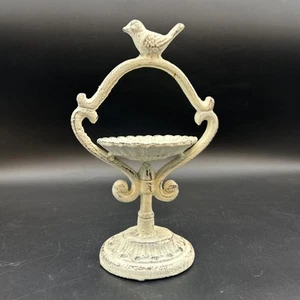 Shabby Chic Miniature Birdbath Feeder Distressed White Cast Iron 10in - Picture 1 of 6