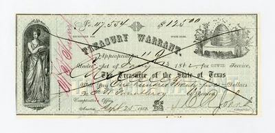 1862 $125.00 Cr.42 TEXAS Treasury Warrant - CIVIL WAR Era CU - Image 1 of 2