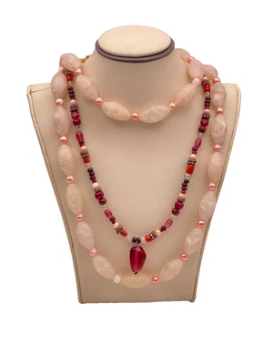 2 Collares de Cuentas Rosa con Gemas Sintéticas Fucsia y Rosa Suave 24" 28" Foto 1 de 4