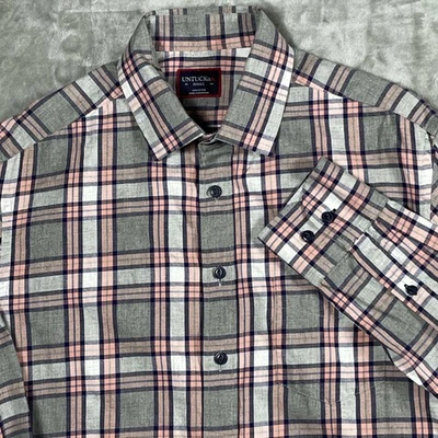 Camisa masculina Untuckit botão S manga longa xadrez cinza pêssego rosa pequena - Imagem 1 de 4