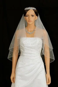 2T Ivory Bridal Elbow 40 Rhinestones Pencil Edge Center Gathered Wedding Veil - Picture 1 of 5